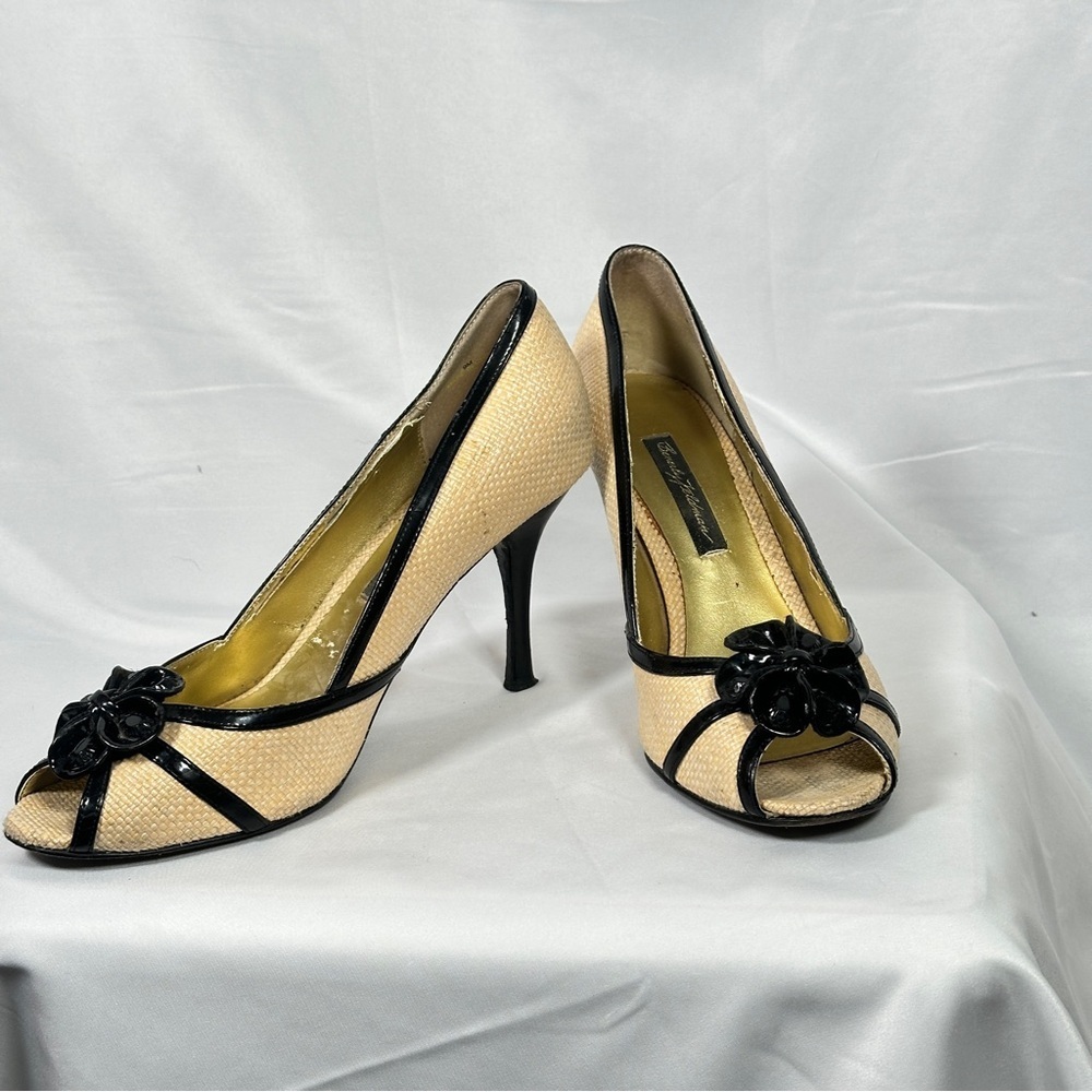 Beverly Feldman Raffia Peep Toe Heels Flower Rosette Coastal Grandma Size 9 - Picture 3 of 16